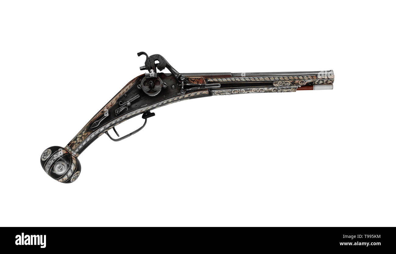 Vecchia pistola di legno isolato su sfondo bianco. Foto Stock