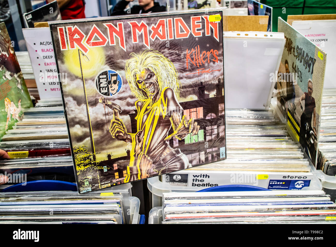 Nadarzyn, Polonia, 11 maggio 2019 Iron Maiden album in vinile sul display per la vendita, vinile, LP, Album rock, inglese heavy metal band, collezione di vinili Foto Stock