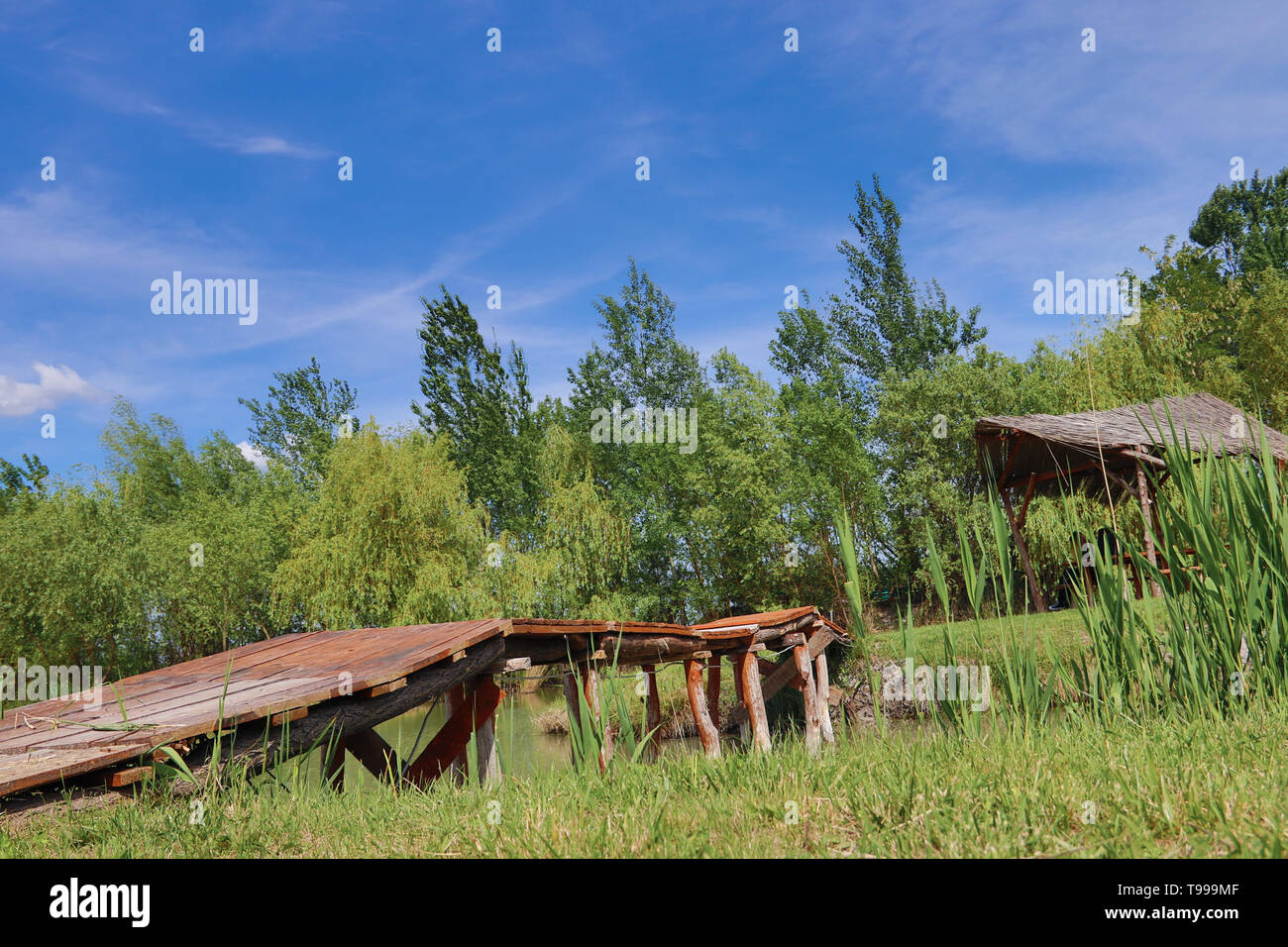 Piccolo parco a lago con un piccolo ponte di legno Foto Stock