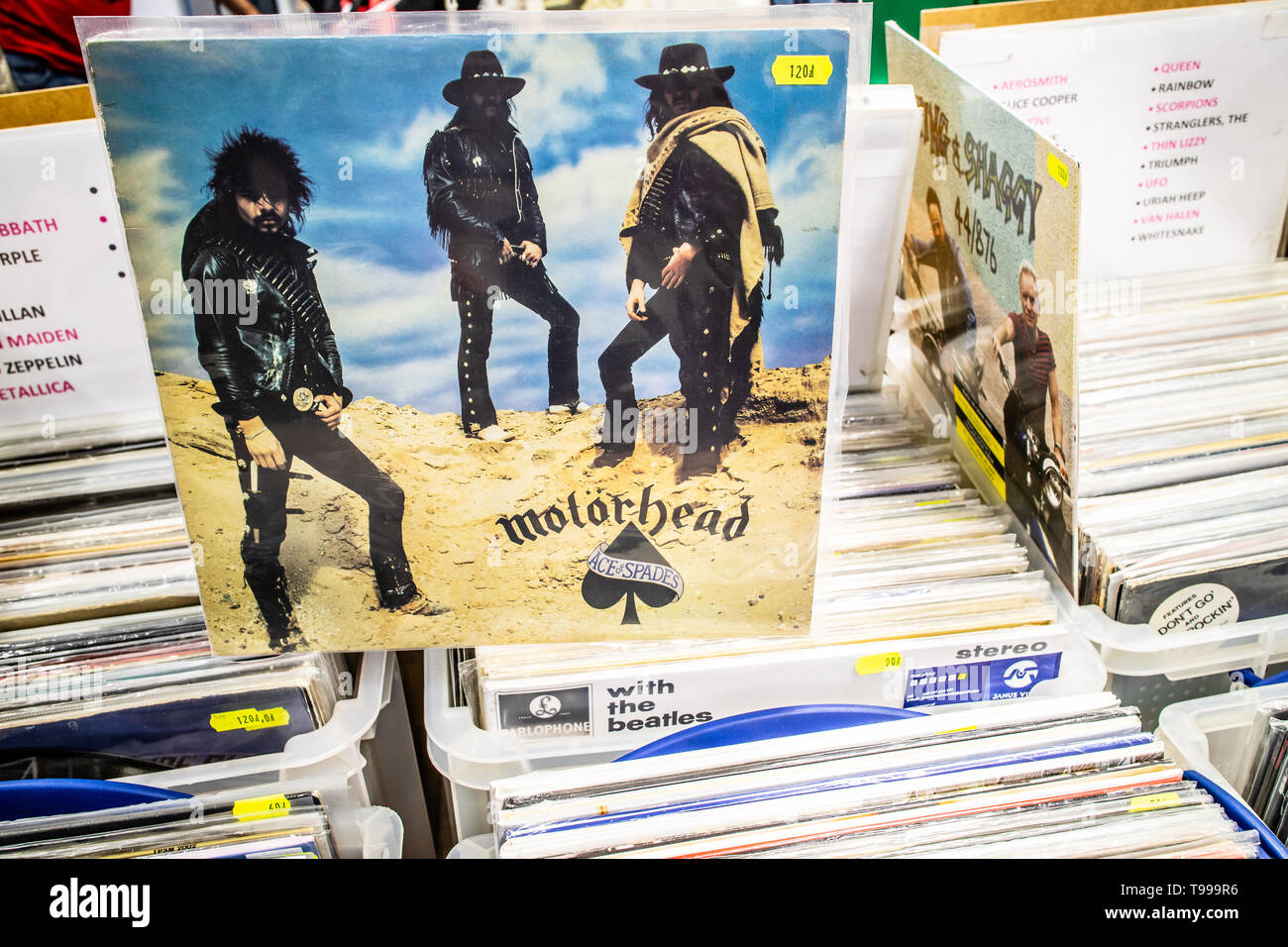 Nadarzyn, Polonia, 11 maggio 2019 Motorhead album in vinile sul display per la vendita, vinile, LP, Album rock, inglese rock band, collezione di sfondo di vinile Foto Stock