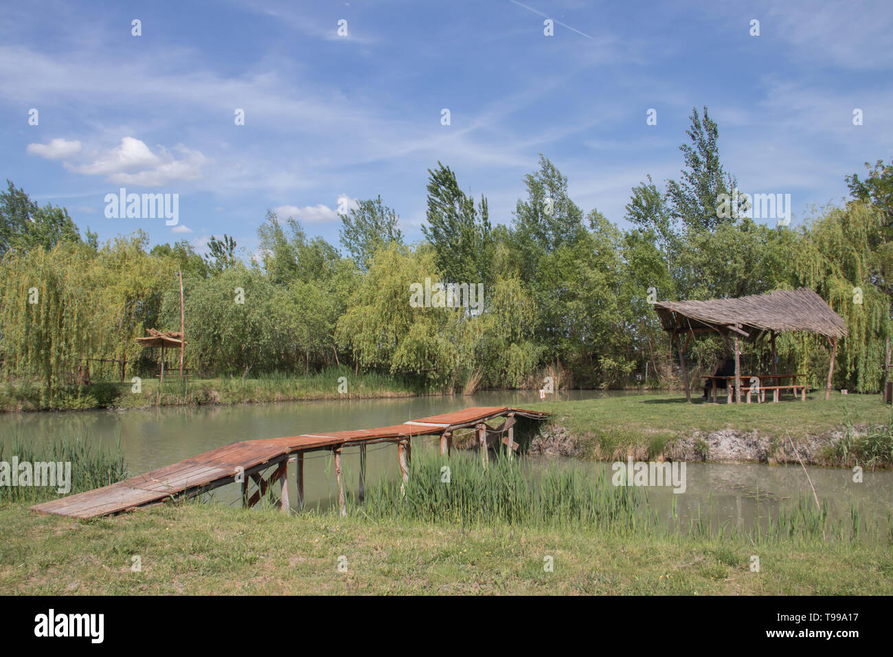 Piccolo parco a lago con un piccolo ponte di legno Foto Stock