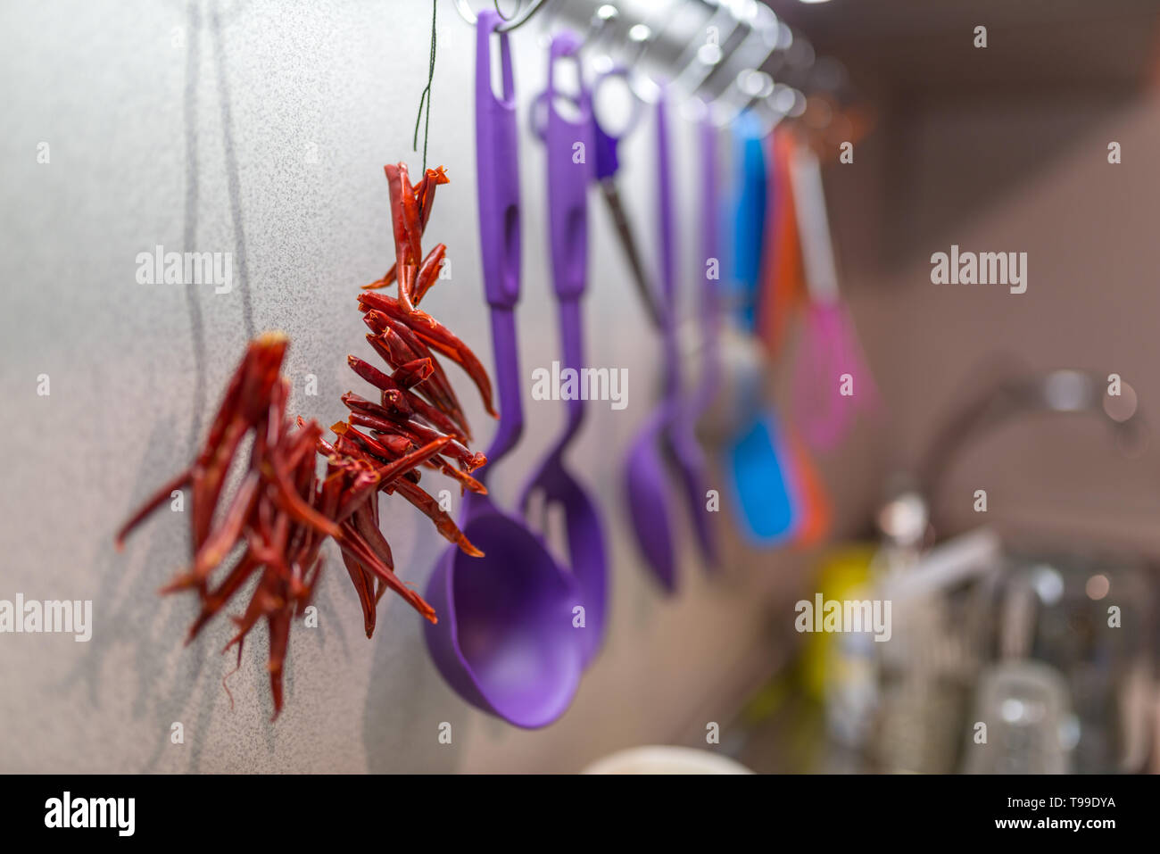 Peperoncini essiccati appesi in cucina. Messa a fuoco selettiva Foto Stock