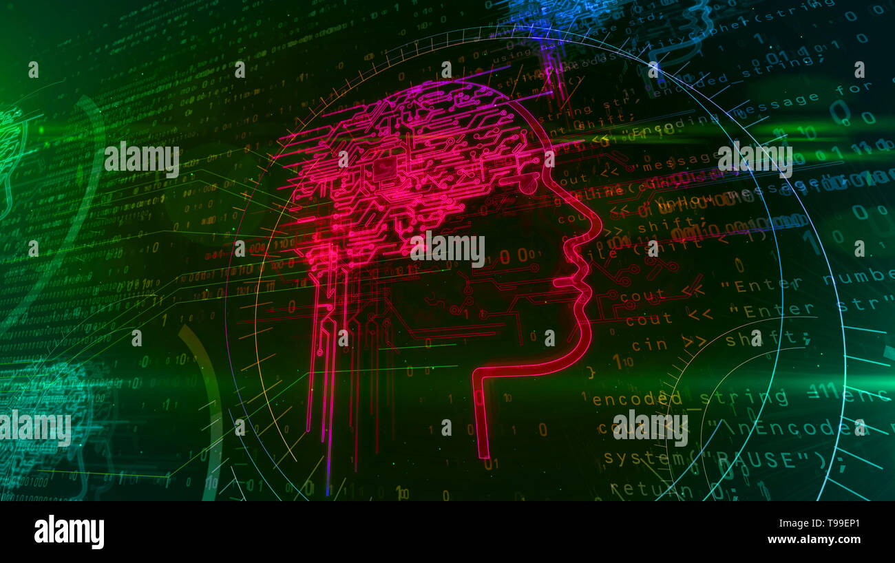 Intelligenza artificiale e macchina profondo concetto di apprendimento. Forma della faccia con ologramma mente cibernetico su sfondo digitale. Profonda stimolazione cerebrale 3d i Foto Stock