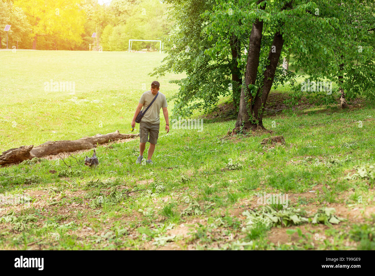 Uomo felice con il cane di godere in divertenti passeggiate all'aperto. Foto Stock