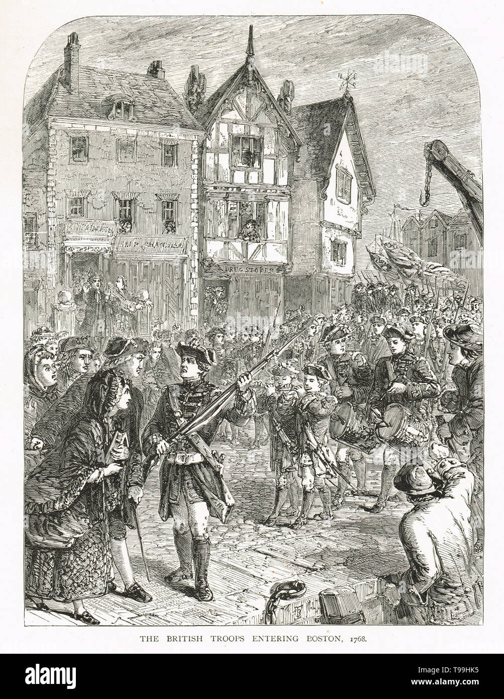 Soldati britannici entrando in Boston nel 1768 Foto Stock