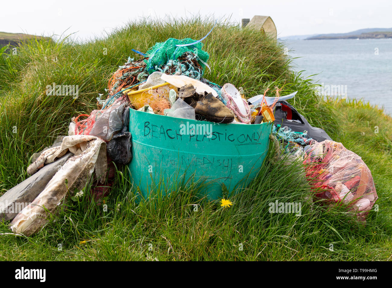 Raccoglitore pieno di inquinamento di plastica raccolte dalla spiaggia Foto Stock