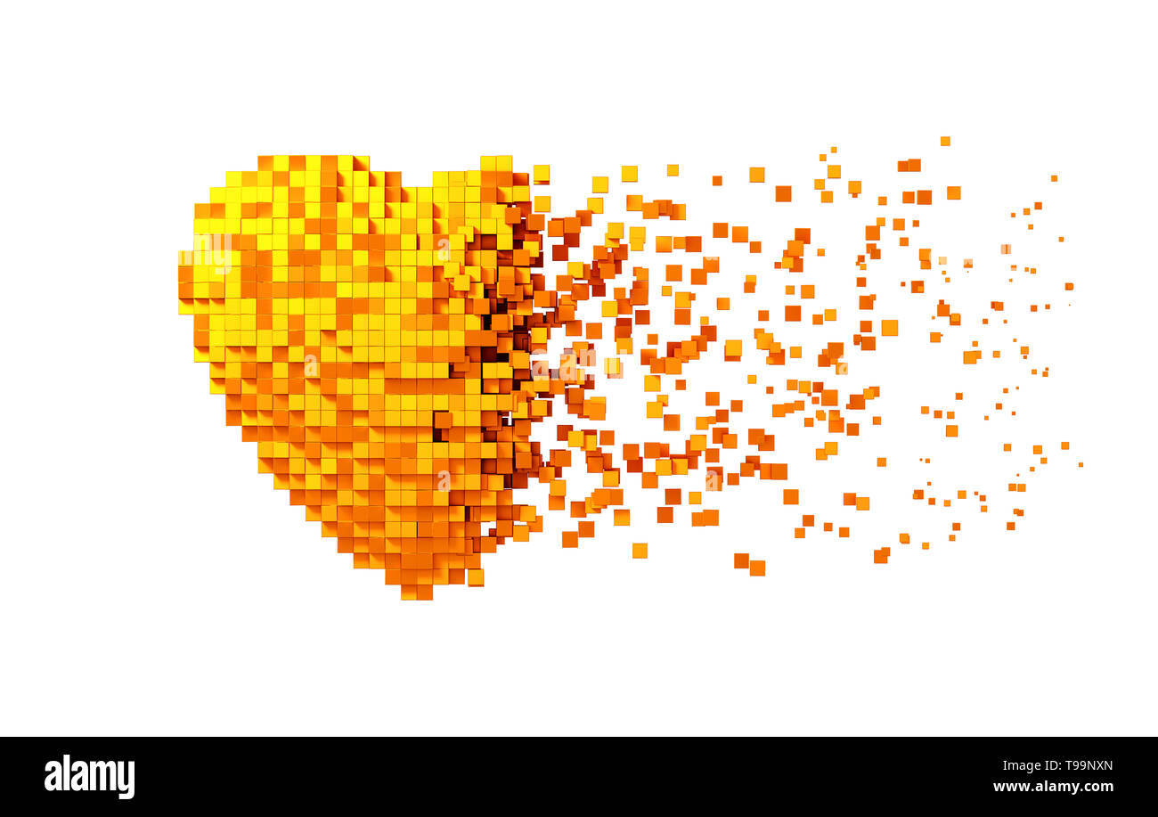 La disintegrazione del Golden cuore digitale isolato su sfondo bianco. 3D'illustrazione. Foto Stock