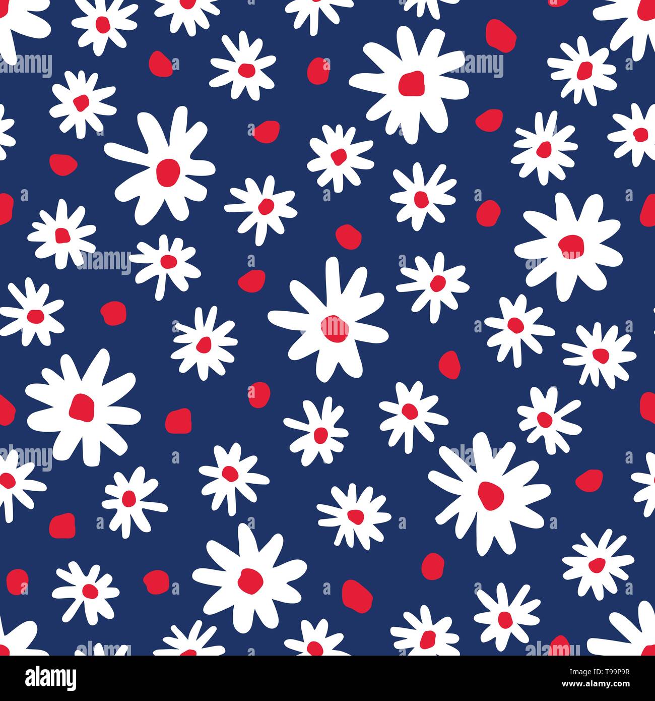 Bold grafica margherite astratto vettore floreali seamless pattern. Semplicistico disegnati a mano fioriture colorate su sfondo blu scuro. Retrò stilizzato minima f Illustrazione Vettoriale