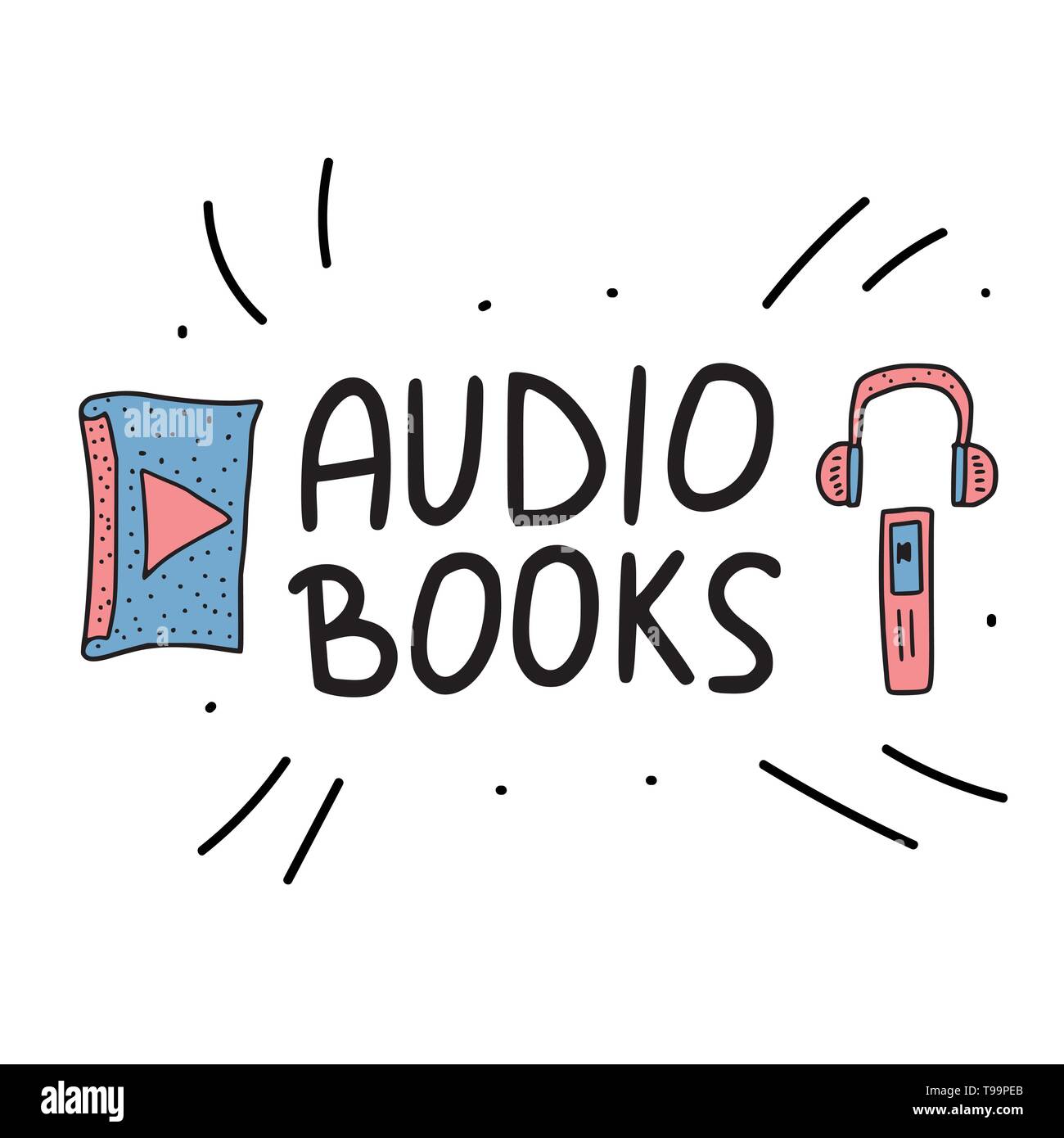 Concetto di audiolibri in doodle stile. Set di audio libro simboli con scritte. Vettore Illustrazione a colori isolati su sfondo bianco. Illustrazione Vettoriale
