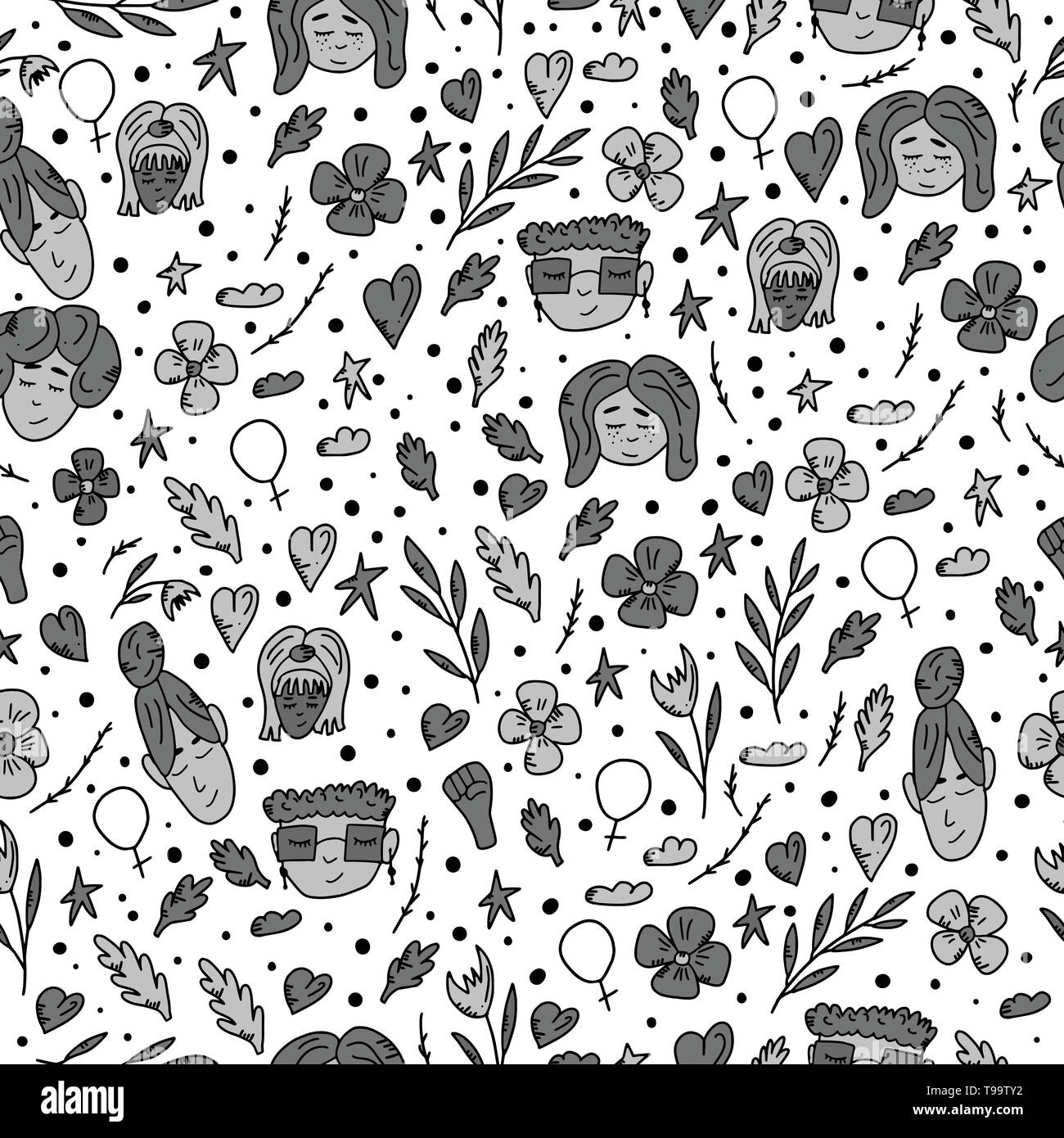 Seamless patern con la donna caratteri e simboli. Sfondo infinito con girl power decorazione. Concetto di vettore illustrazione. Illustrazione Vettoriale