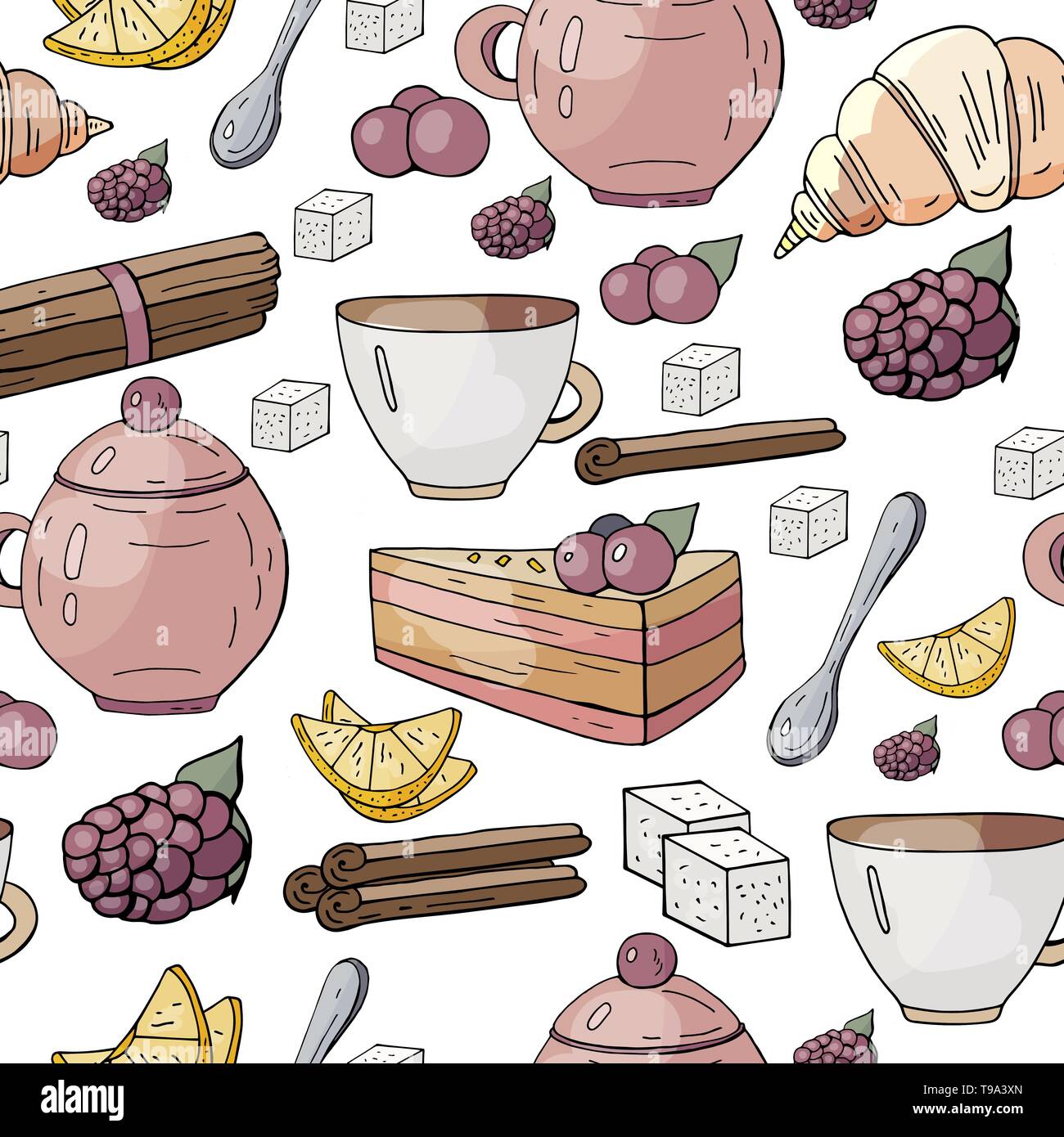 Modello senza cuciture con diversi tè e dolci elementi isolati su sfondo bianco. Illustrazione Vettoriale