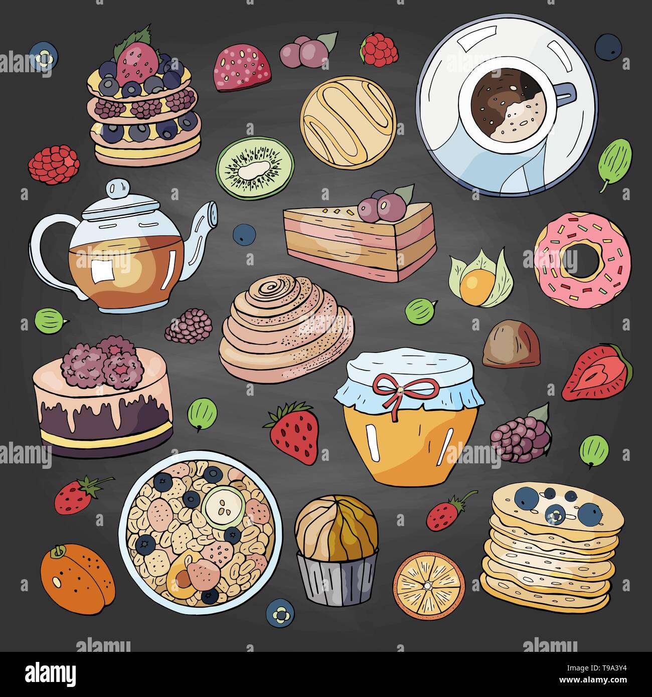 Insieme di elementi diversi per la prima colazione di mattina sulla lavagna. La colazione doodle collection. Illustrazione Vettoriale