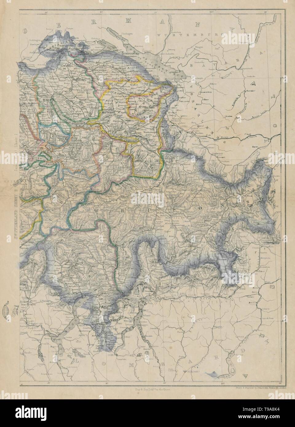 La Svizzera orientale dei Grigioni Ticino Zurigo San Gallo laghi italiani DOWER 1862 mappa Foto Stock