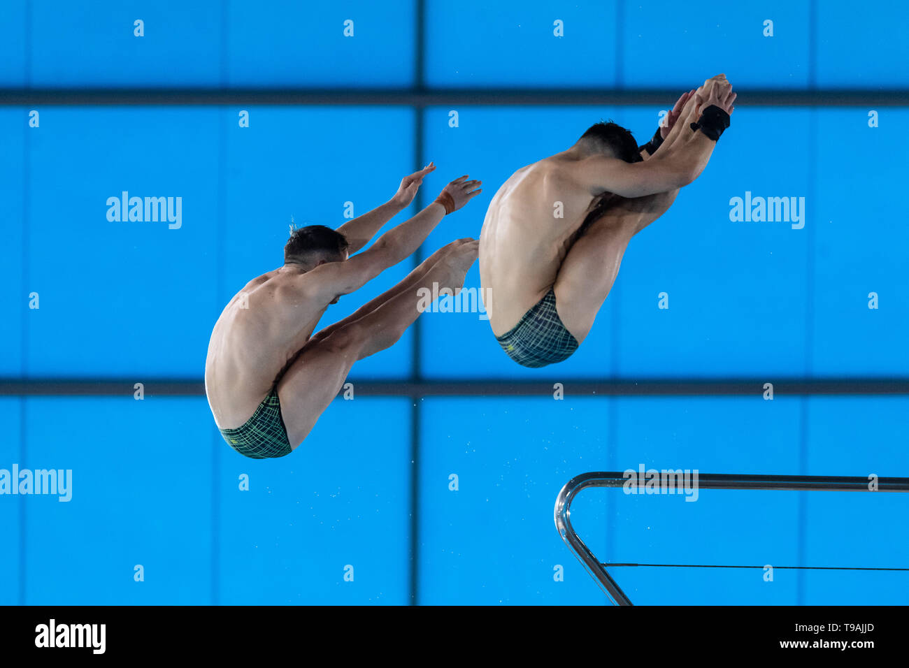 Londra, Regno Unito. Il 17 maggio 2019. Declan Stacey e Domomic Bedggood (AUS) competere in Uomini 10m Synchro Platform Finale durante la FINA/CNSG Diving World Series finale al London Aquatics Centre su Venerdì, 17 maggio 2019. Londra Inghilterra. Credito: Taka G Wu/Alamy Live News Foto Stock