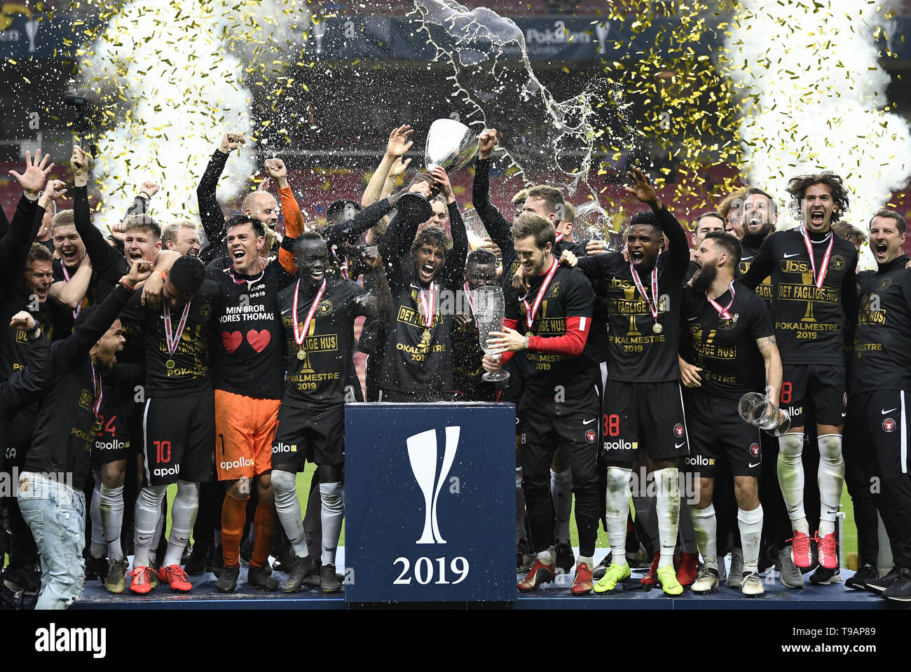 Copenhagen, Danimarca. Il 17 maggio 2019. FC Midtjylland vincere il soccer Cup finale dopo il periodo di tempo prolungato e tiri di rigore contro il Brondby se in Telia Parken, Copenhagen, Danimarca. Credito: Lars Moeller/ZUMA filo/Alamy Live News Foto Stock