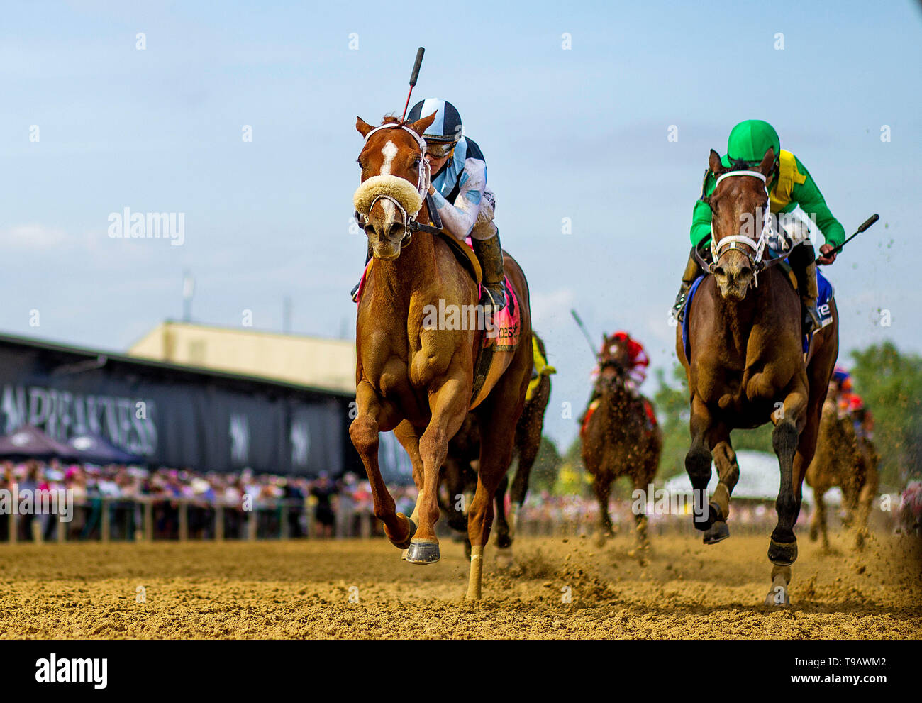 Baltimore, Maryland, Stati Uniti d'America. 18 Maggio, 2019. 17 Maggio: punto di onore con Javier Castellano sconfigge Ulele e Joel Rosario per vincere l'occhio nero Susan a Pimlico Racecourse a Baltimora, Maryland, 17 maggio 2019. Evers/Eclipse Sportswire/CSM/Alamy Live News Foto Stock