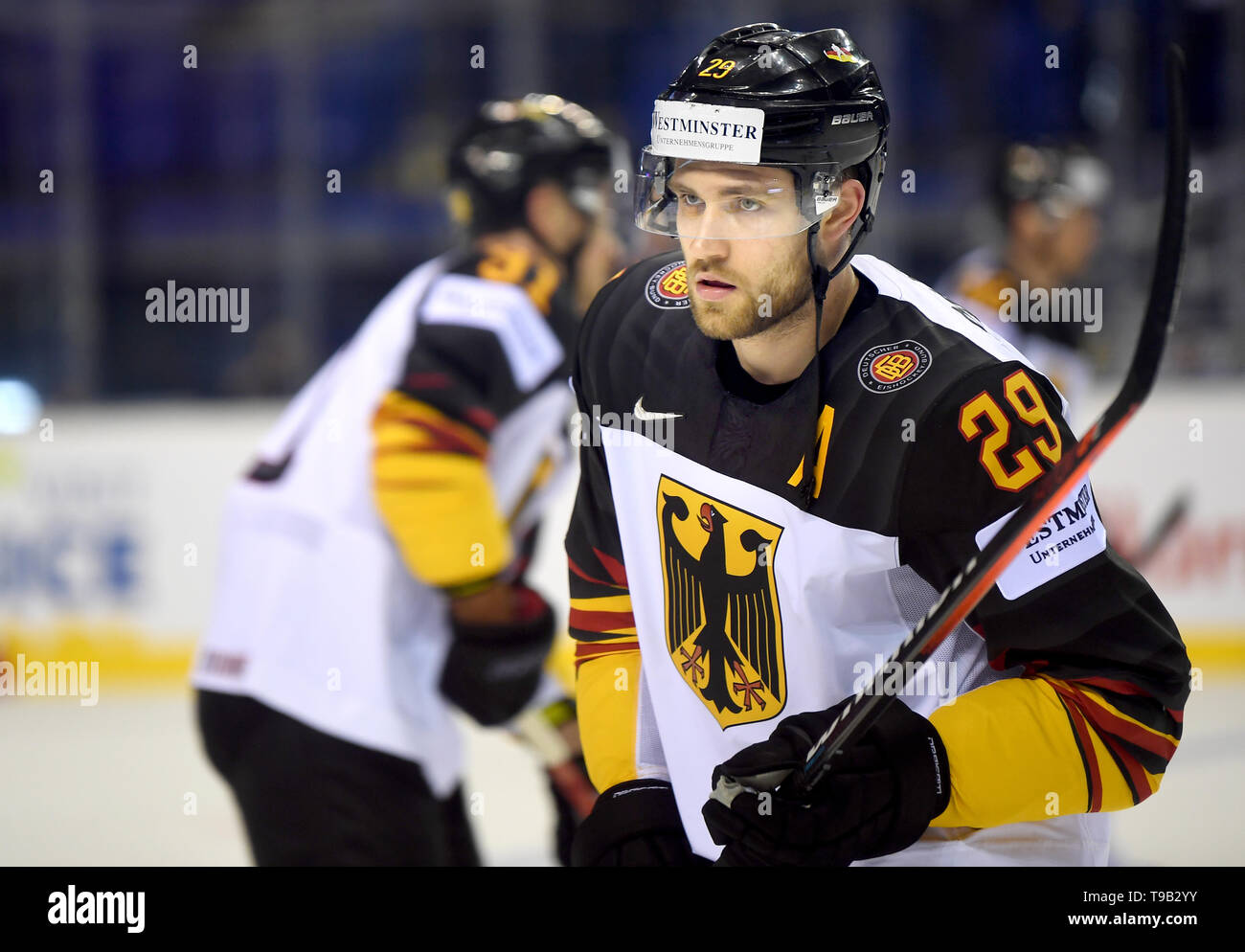 Kosice, la Slovacchia. 18 Maggio, 2019. Hockey su ghiaccio: World Championship, Canada - Germania, turno preliminare, gruppo A, quinta giornata nell'acciaio Arena. La Germania Leon Draisaitl presso il warm-up. Credito: Monika Skolimowska/dpa-Zentralbild/dpa/Alamy Live News Foto Stock