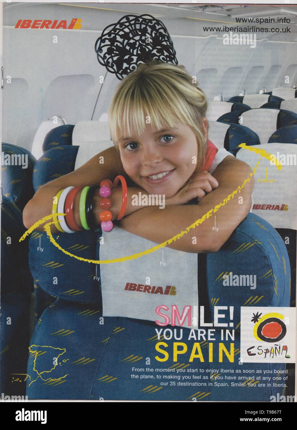 Poster pubblicitari Iberia Airlines in magazzino dal 2005, sorriso! Sei in Spagna slogan, pubblicità, annuncio creative Foto Stock