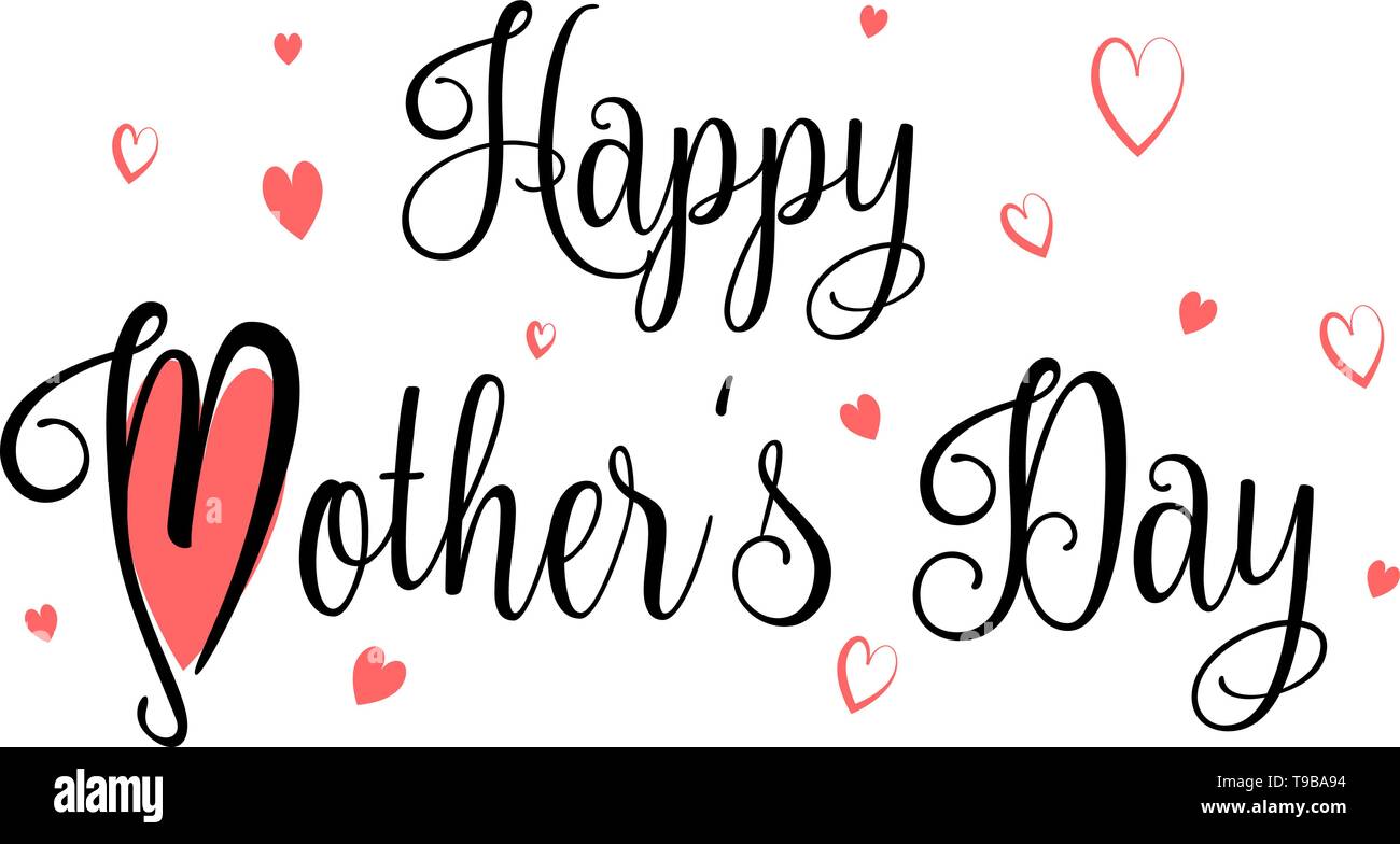 Felice Festa della mamma tipografia con la calligrafia manoscritta testo e cuori Illustrazione Vettoriale