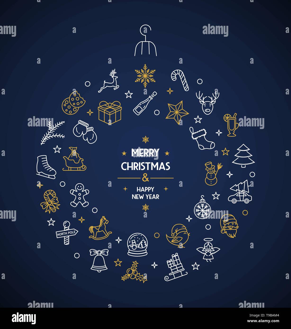 Buon Natale a linea sottile cerchio icone vettoriali sullo sfondo della scheda Illustrazione Vettoriale