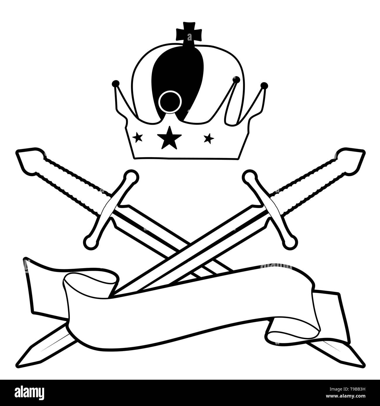 Imperial Crown e due spade incrociate, Testo banner, isolati su sfondo bianco Illustrazione Vettoriale