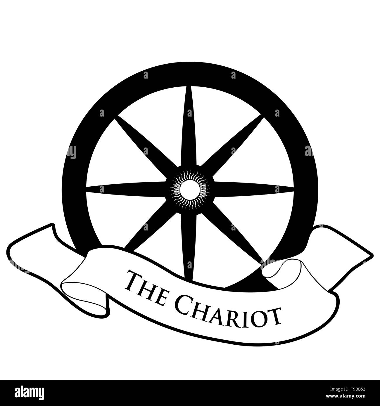Carta dei tarocchi concetto. Il carro. Ruota di carrello e testo banner isolati su sfondo bianco Illustrazione Vettoriale