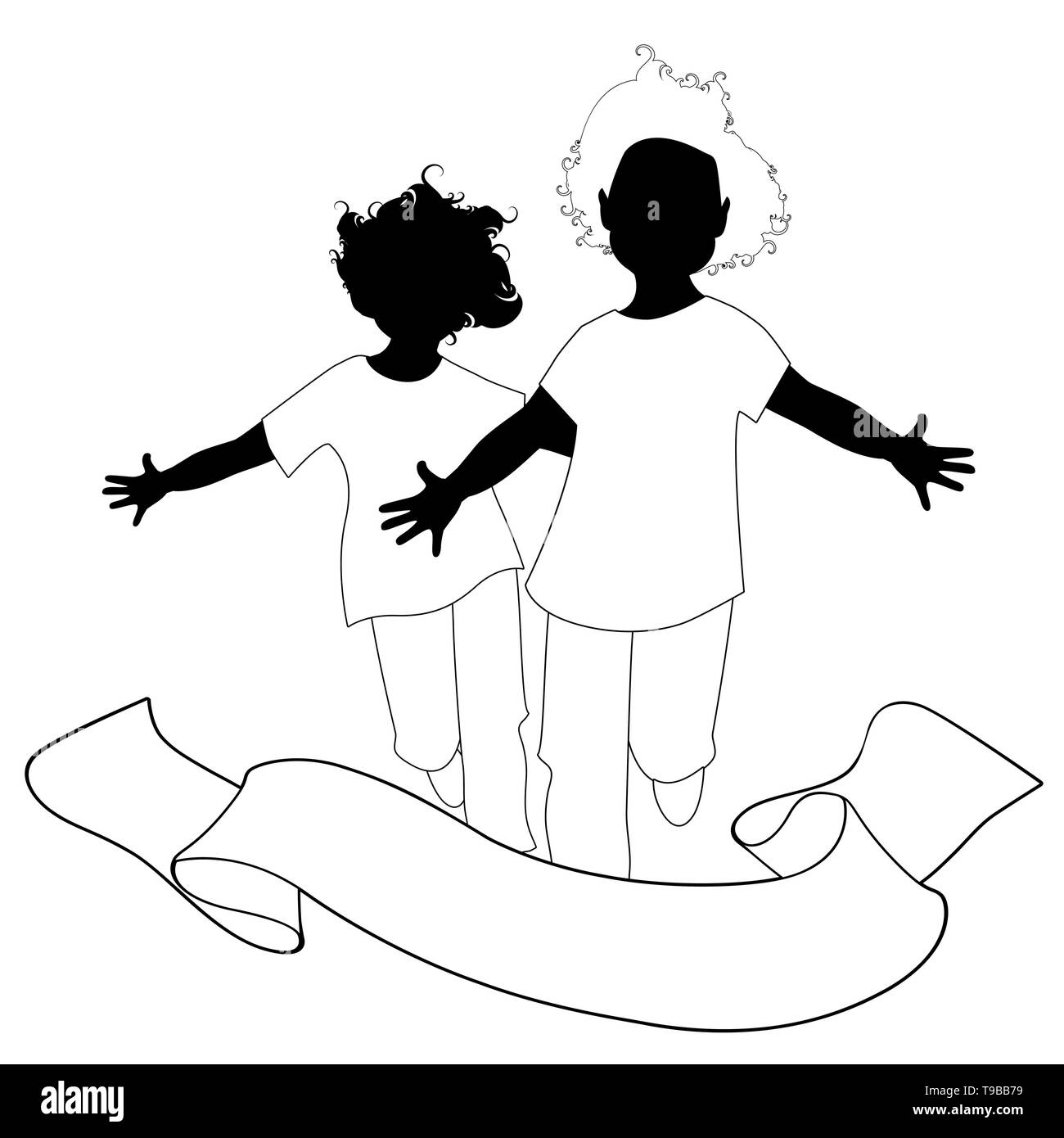 Due lieti twin boys in esecuzione con le braccia aperte e banner text isolati su sfondo bianco Illustrazione Vettoriale