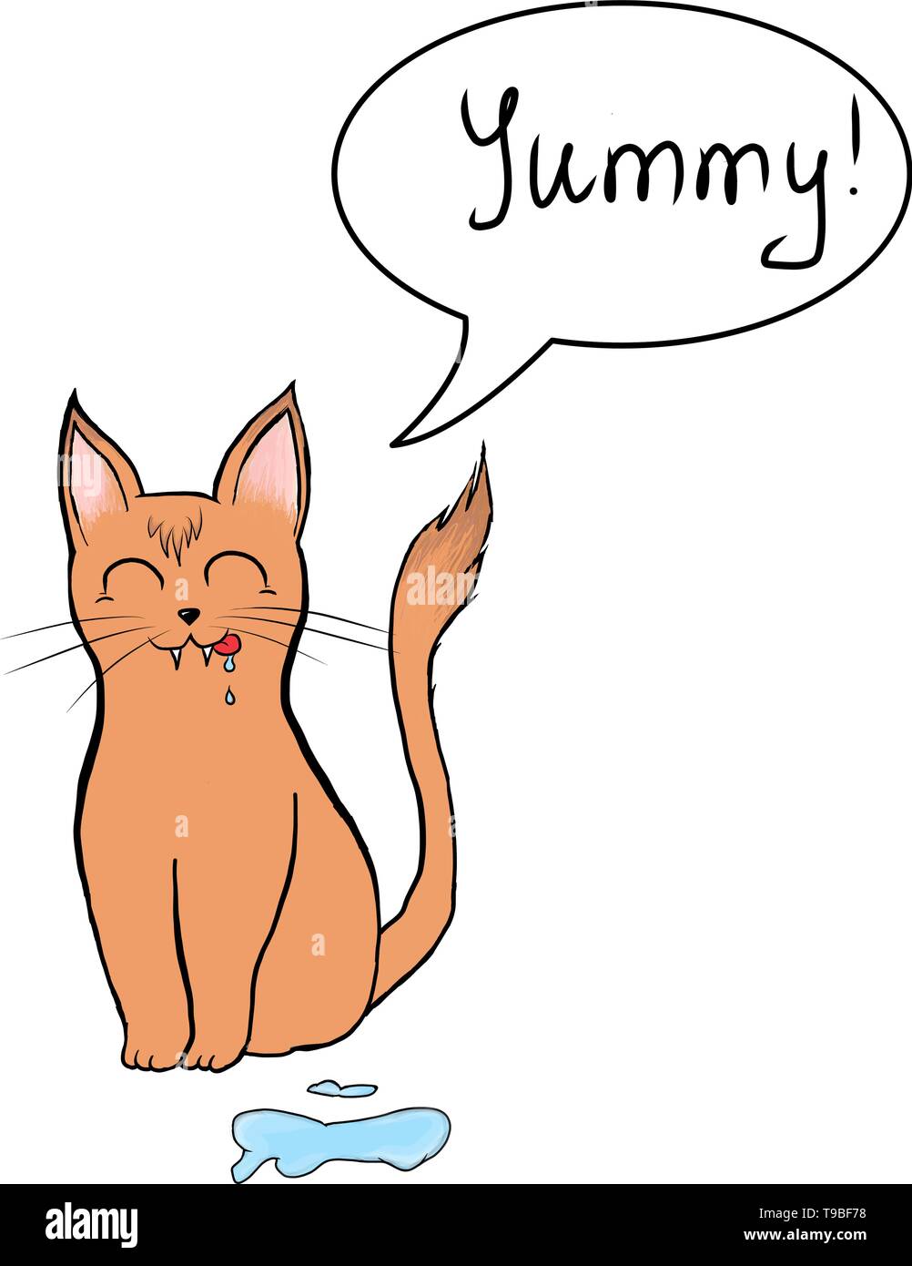 Illustrazione di un divertente gatto affamato. Può essere impiegato come un adesivo o gli Emoji. L'illustrazione è facile da animare o cambiare perché si tratta di un vettore grafico Illustrazione Vettoriale