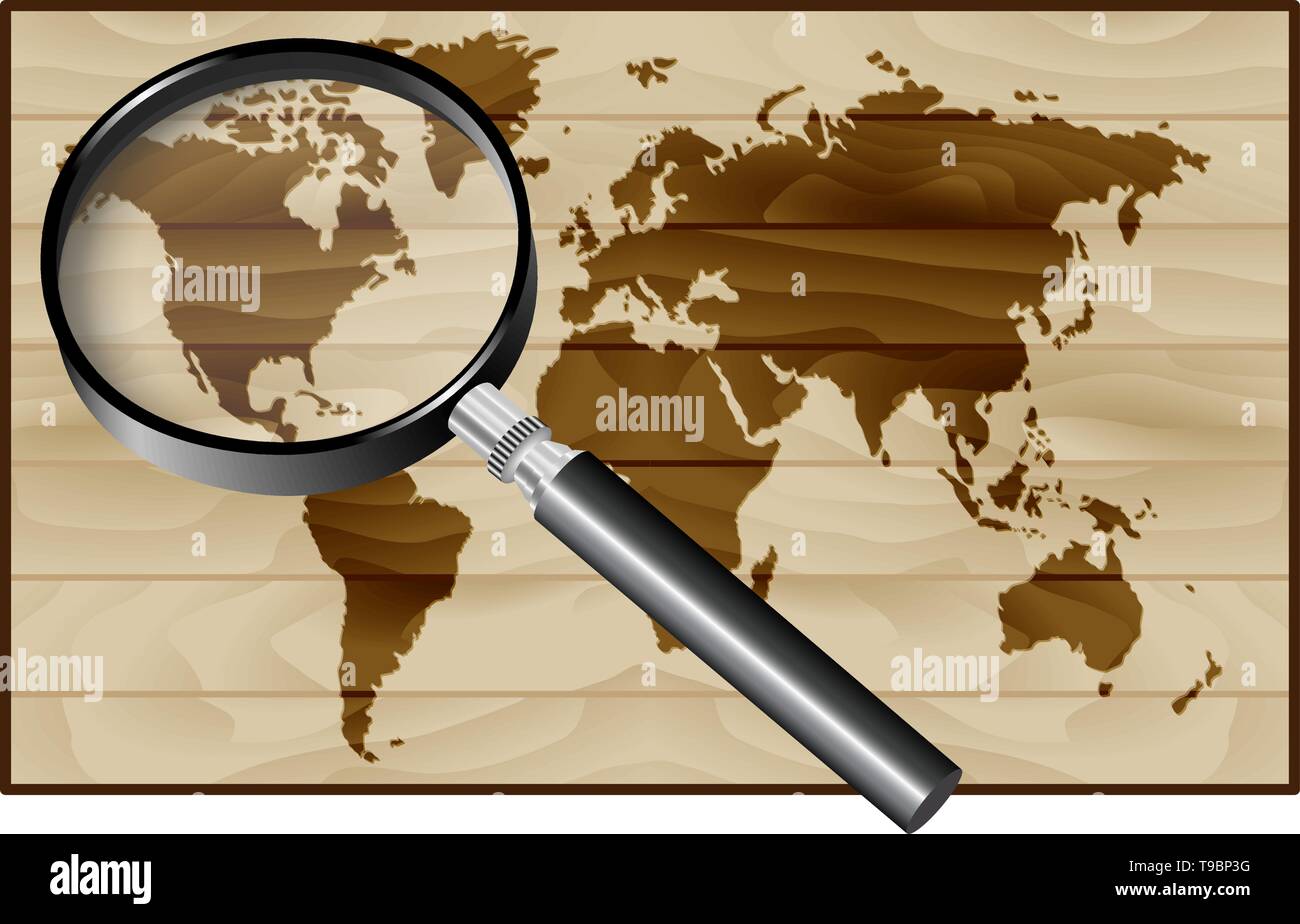 Lente di ingrandimento ed mappa del mondo su uno sfondo di legno Illustrazione Vettoriale