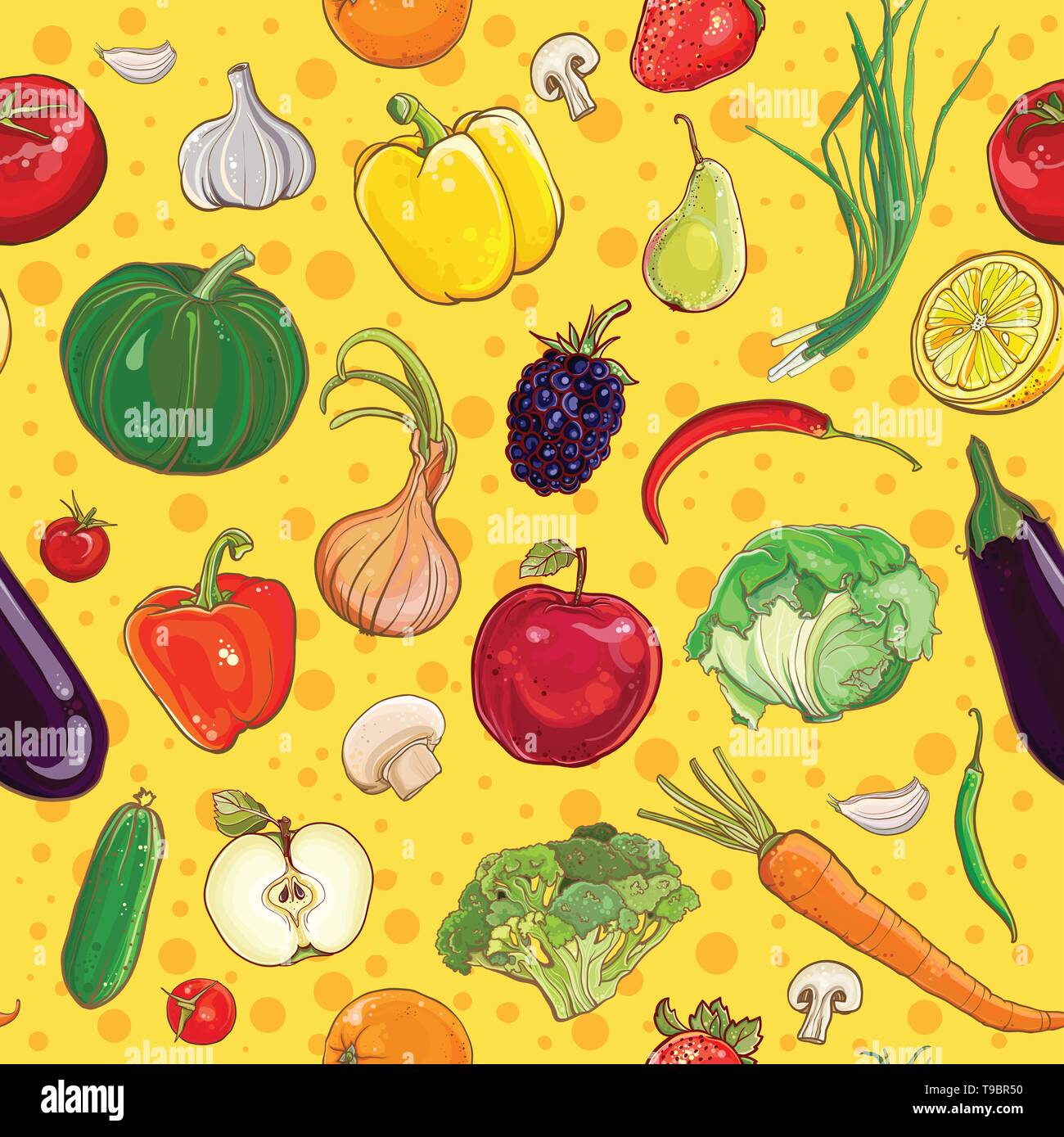 Sfondo vettoriale con luminosi colorati di frutta e verdura. Seamless pattern. eps 10 Illustrazione Vettoriale