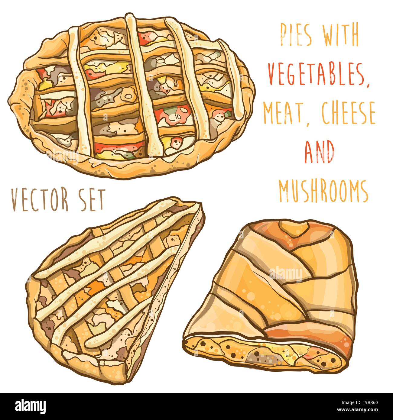 Vettore illustrazione colorata di torte con ripieno di verdure, carni, formaggi e funghi. Set vettoriale EPS. 10 Illustrazione Vettoriale