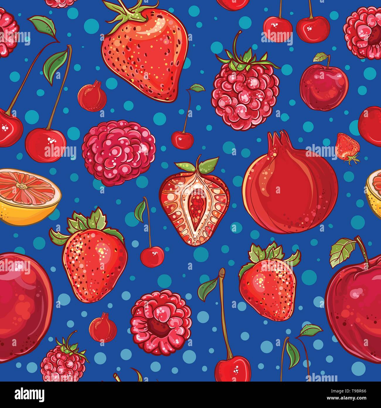 Vettore rosso seamless pattern con frutti e bacche: melograno, fragola, ciliegia, lampone, mela e pompelmo. Illustrazione dei frutti e bacche Illustrazione Vettoriale
