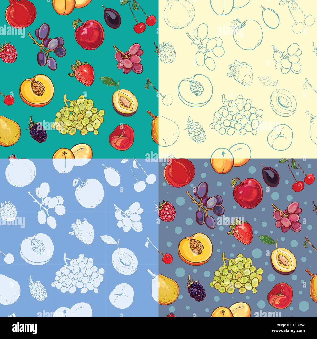 Set di seamless frutta e bacche di pattern con Apple, uva, prugna, fragola, albicocca, pesca, pera, ciliegia, melograno, blackberry. Silhouette, painte Illustrazione Vettoriale
