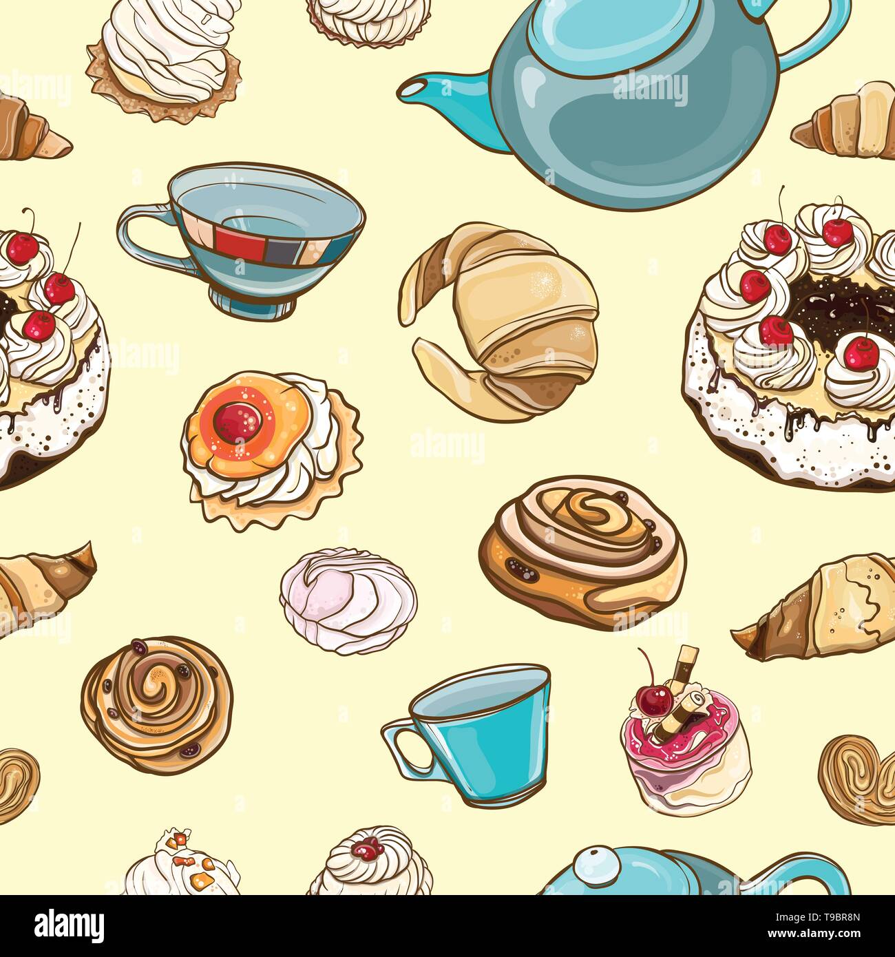 Modello senza giunture "tea time". Vettore sfondo colorato con pasticcini, dolci, tè, coppa, torte, marshmallows. eps 10 Illustrazione Vettoriale