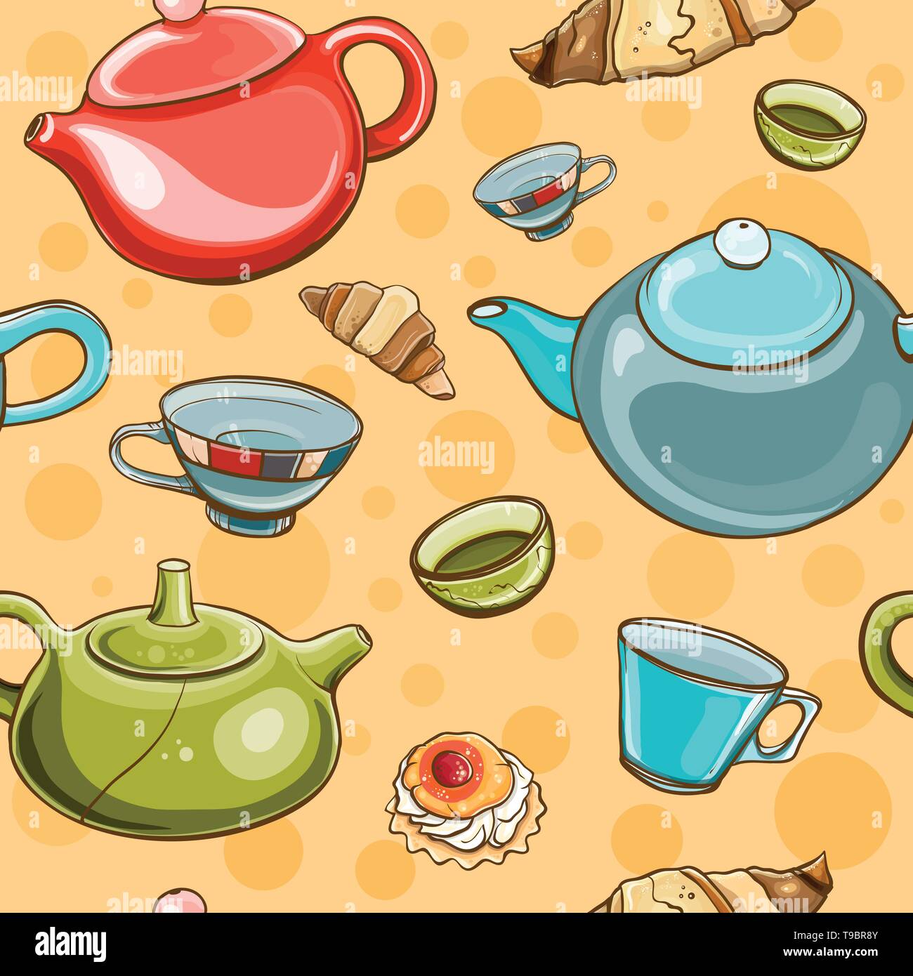Luminose colorate modello senza cuciture con set per il tè. Tea time. eps 10 Illustrazione Vettoriale