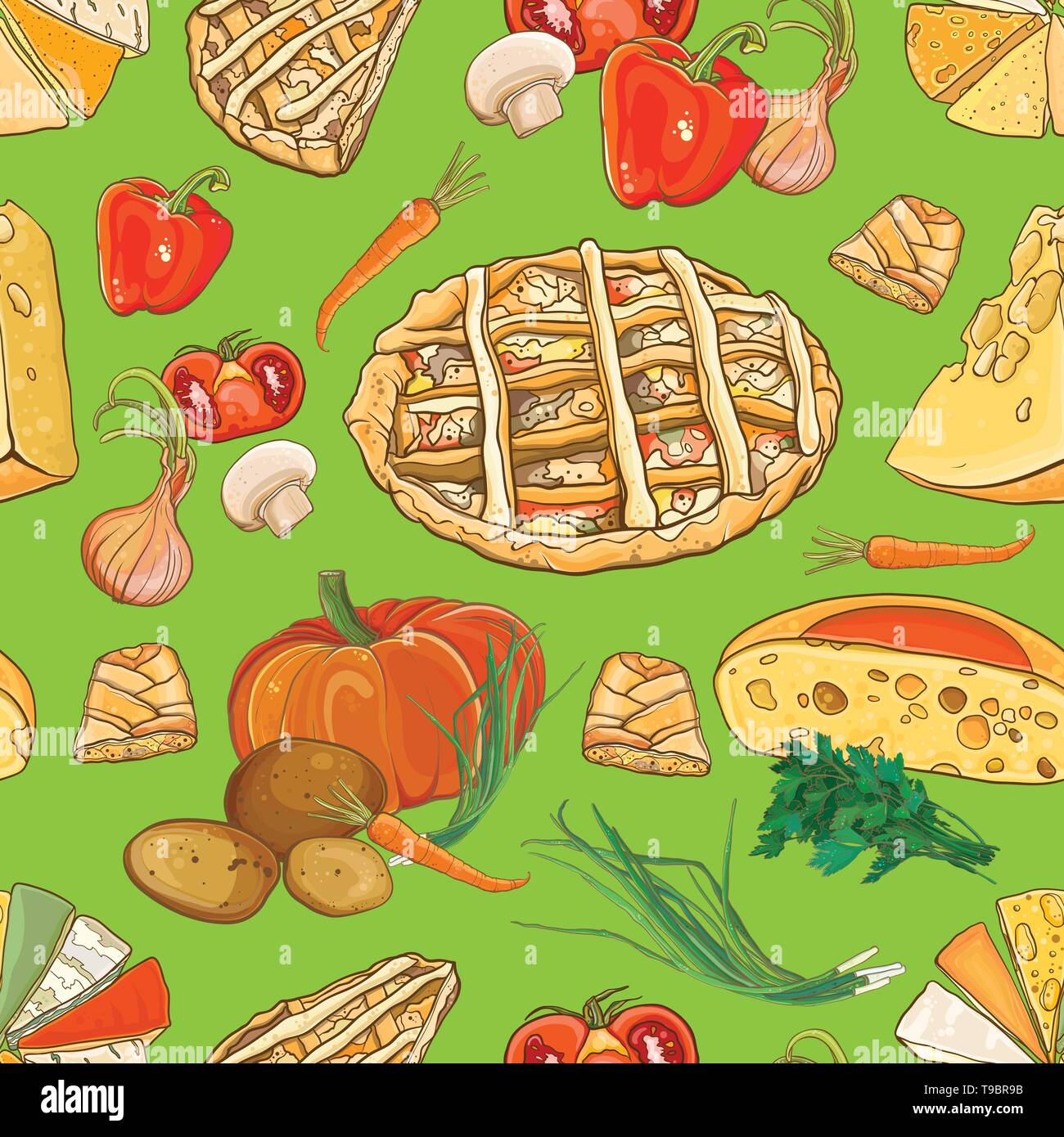 Sfondo senza soluzione di continuità con il cibo: torte, formaggi e verdure. Disegno vettoriale EPS. 10 Illustrazione Vettoriale