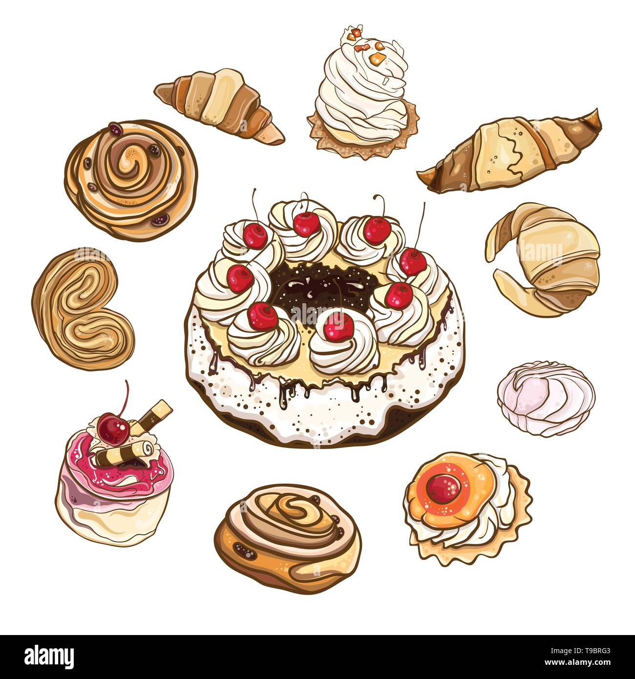 Serie di ciambelle dolci e torte. Illustrazione Vettoriale di pasticcini e dolci. Oggetti isolati. eps 10 Illustrazione Vettoriale