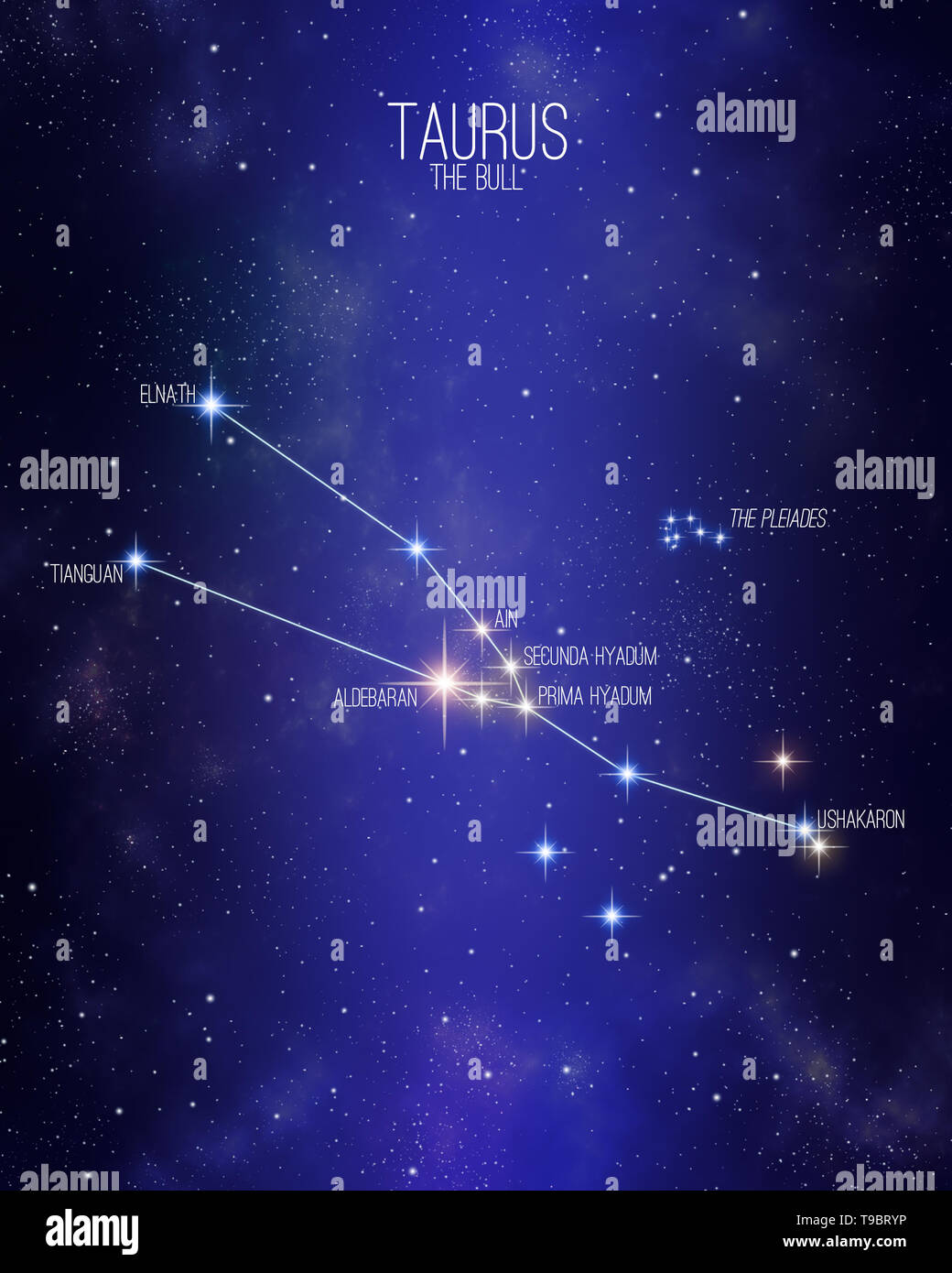 Taurus il toro costellazione zodiacale mappa su un spazio stellato sfondo con i nomi dei suoi principali stelle. Stelle relative dimensioni e sfumature di colore basato su Foto Stock