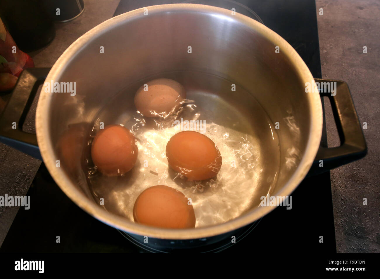 Vista dall'alto di bollire le uova organiche in pentola di metallo nella pentola sulla stufa elettrica in cucina. Quattro le uova di gallina in pentola con acqua bollente. Foto Stock