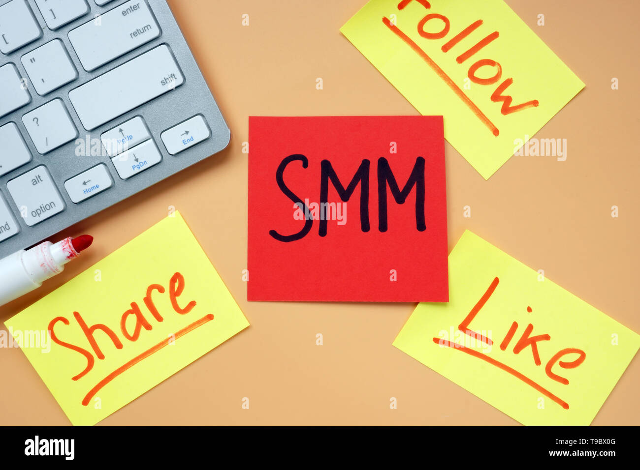 Le schede con SMM - Social Media Marketing, condividere, seguire e simili sulla scrivania. Foto Stock