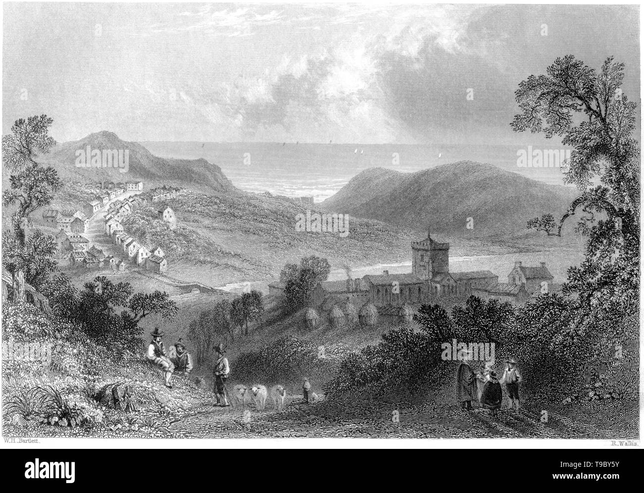 Una incisione di St api College con il villaggio scansionati ad alta risoluzione da un libro pubblicato nel 1842. Ritiene copyright free. Foto Stock