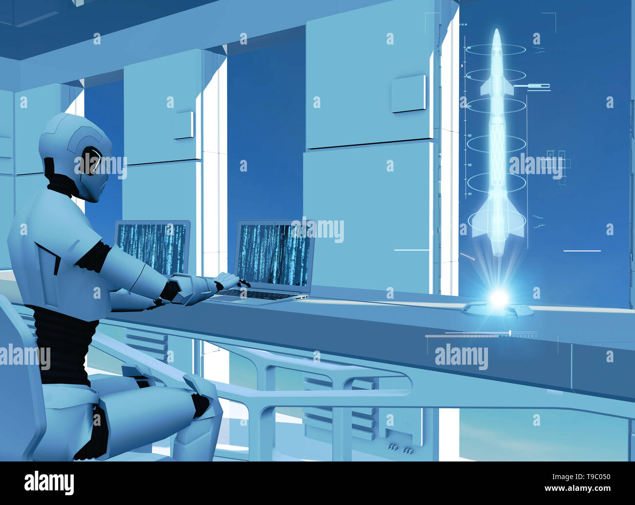 Intelligenza artificiale, robot. Cyborg sul computer. Sci-fi. La fantascienza. La programmazione. Rucola e missile ologramma. La difesa militare Foto Stock