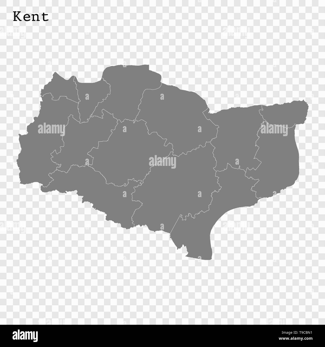 Alta qualità mappa di Kent è una contea dell'Inghilterra, con i confini dei distretti Illustrazione Vettoriale