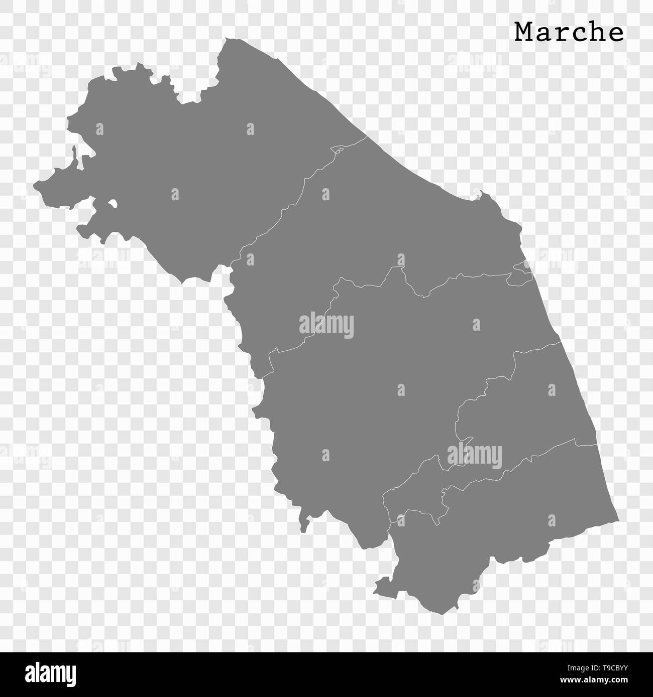 Alta qualità mappa delle Marche è un membro dell'Italia, con i confini dei distretti Illustrazione Vettoriale