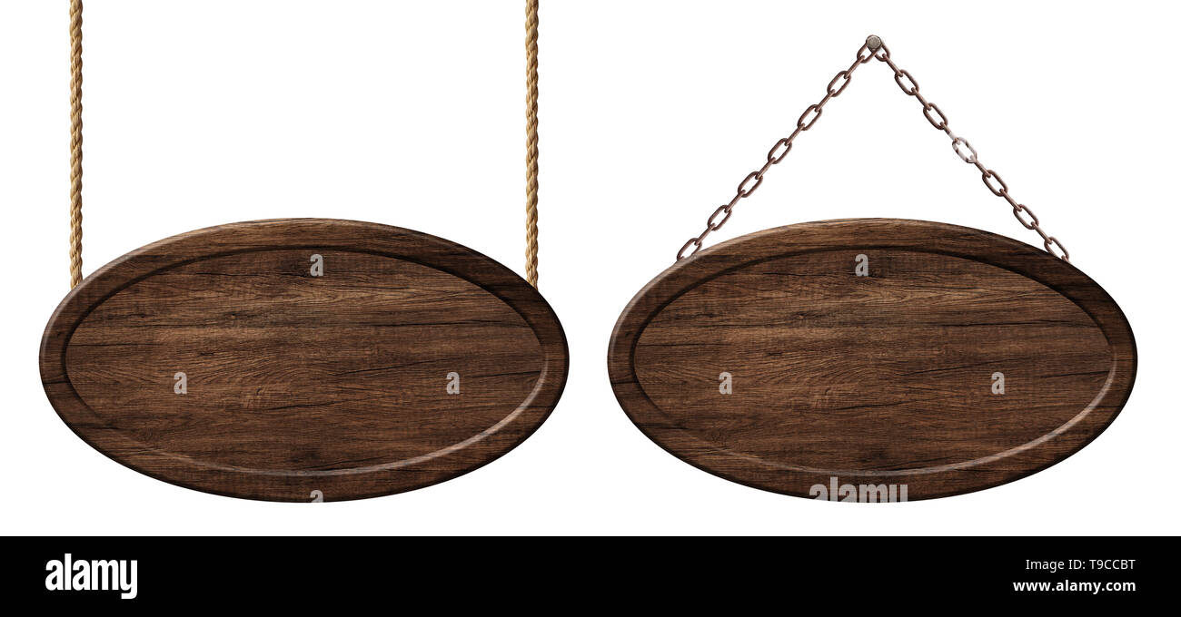 Vuoto segno ovale di legno scuro appeso a funi o catene. Isolato su sfondo bianco Foto Stock