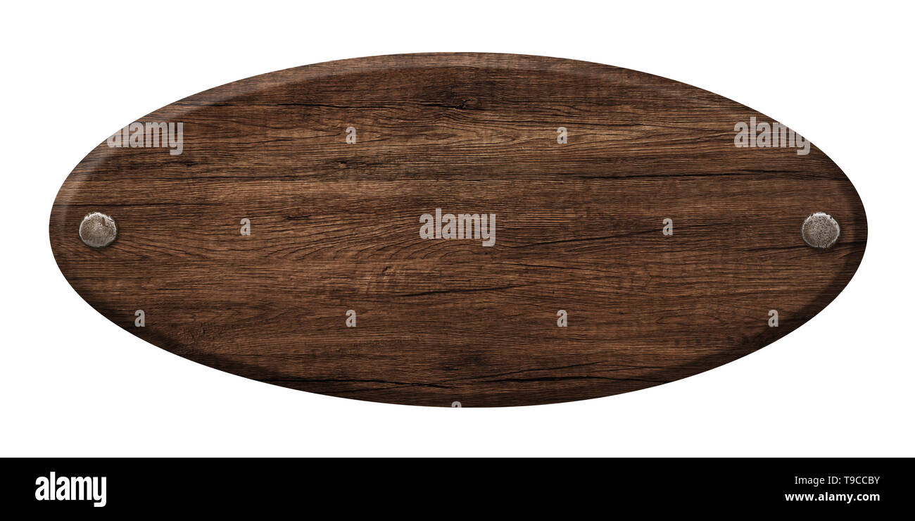 Vuoto segno ovale di legno scuro e fissata con chiodi. Isolato su sfondo bianco Foto Stock