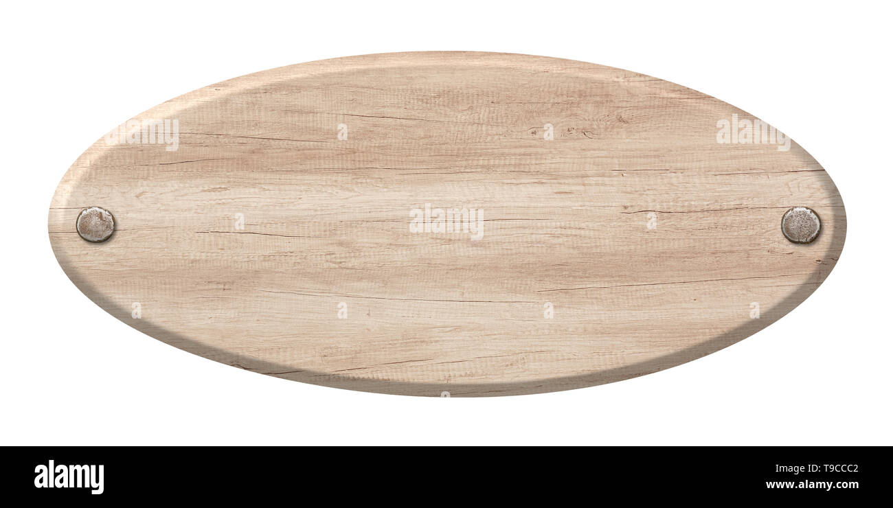 Vuoto segno ovale realizzato in legno chiaro e fissato con chiodi. Isolato su sfondo bianco Foto Stock