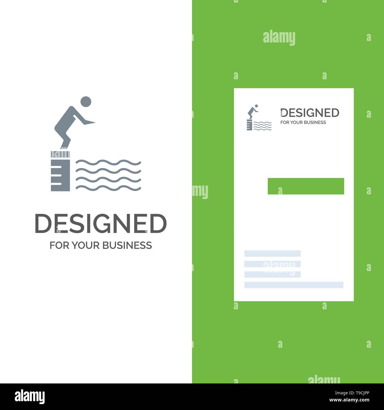 Immersioni subacquee, Jump, piattaforma, piscina, sport grigio Logo Design e Business Card Template Illustrazione Vettoriale