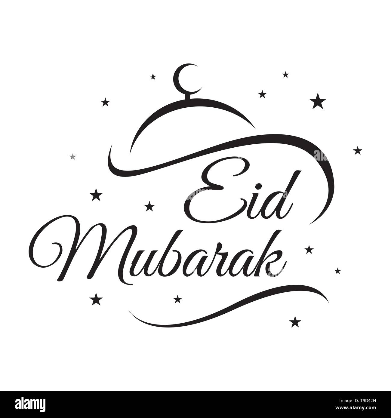 Eid Mubarak calligraphy lettering con stelle, luna crescente e disegni floreali. Illustrazione Vettoriale