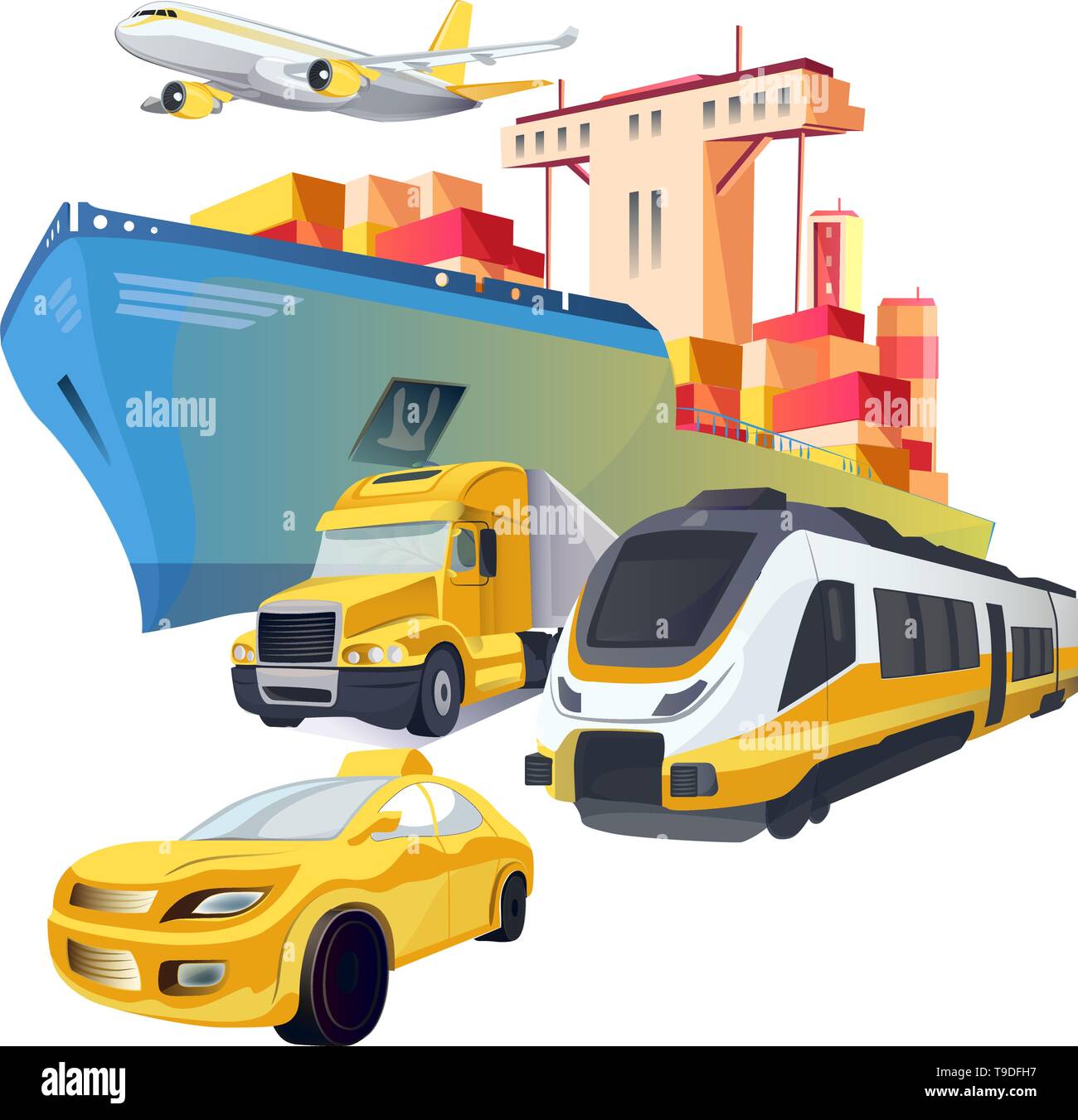 Il trasporto del vettore di logistica e di trasporto. Global corriere Servizi di consegna. Inchiostro inciso art. Illustrazione Vettoriale